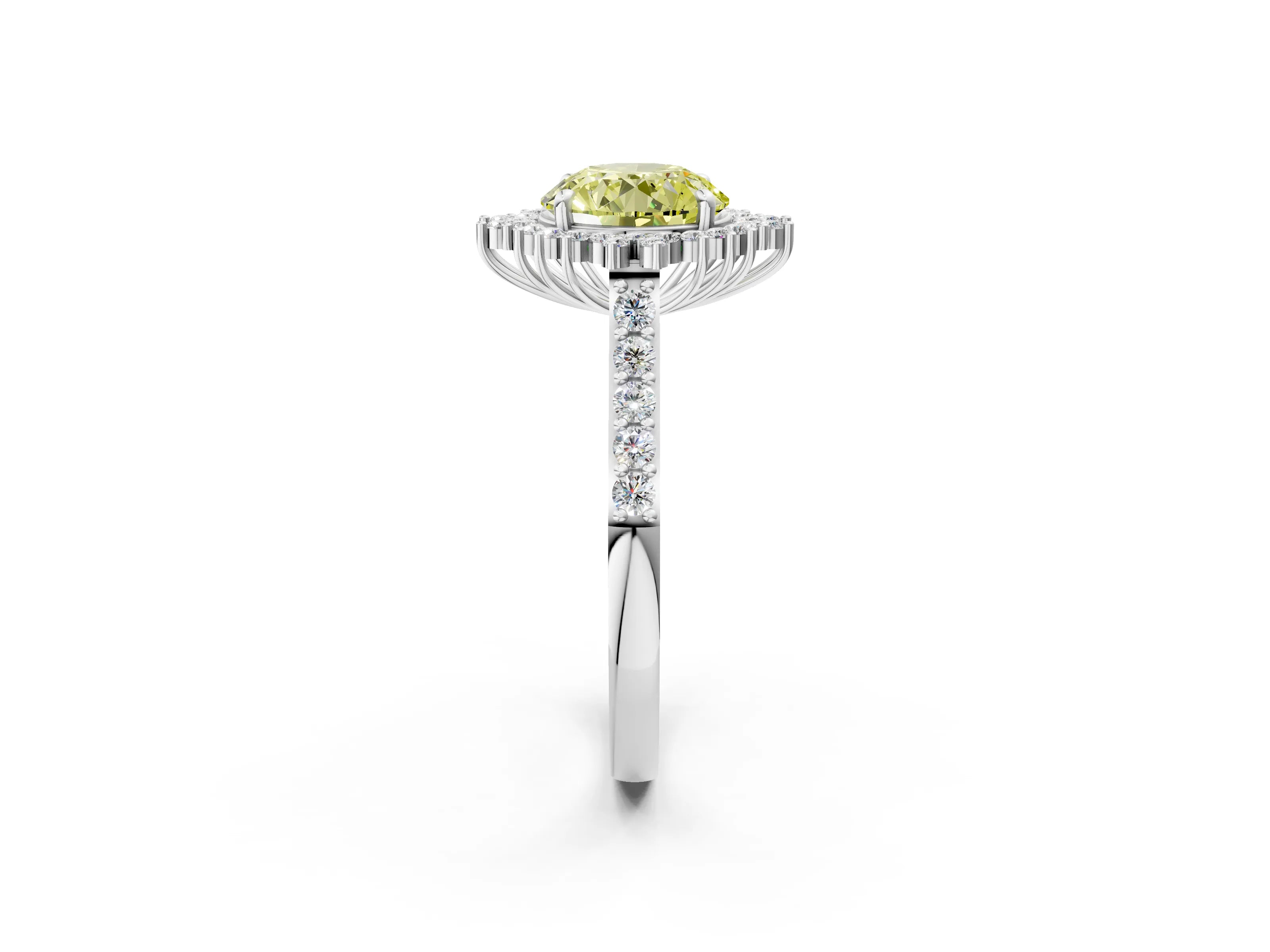 White gold Fancy Yellow Round Cut Cut Diamond Sunburst Halo Engagement Ring with Pavé Band_2