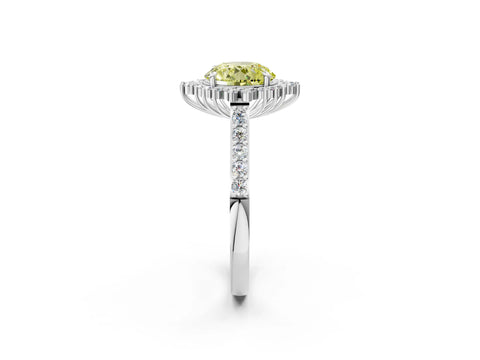 White gold Fancy Yellow Round Cut Cut Diamond Sunburst Halo Engagement Ring with Pavé Band_2
