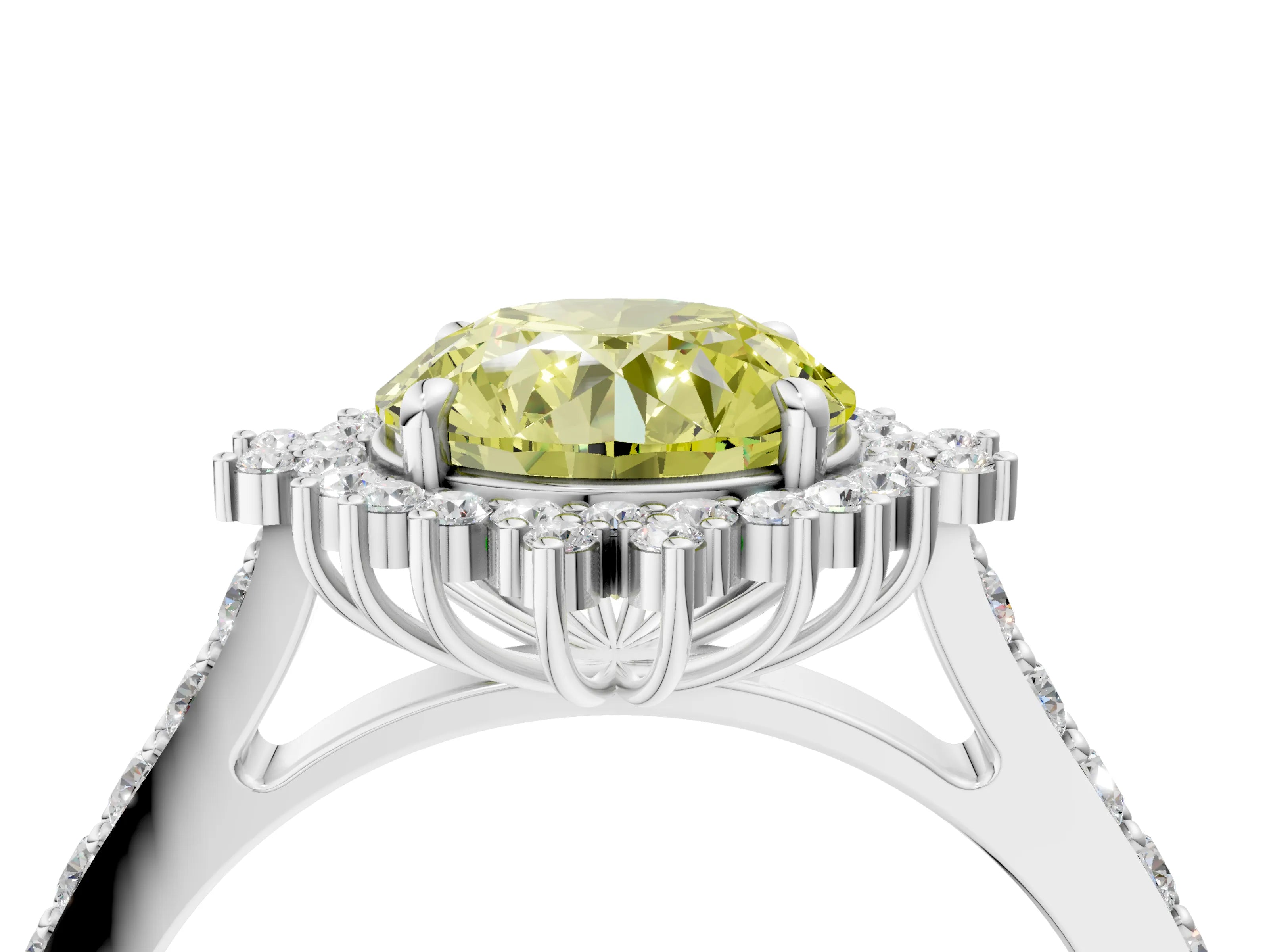 White gold Fancy Yellow Round Cut Cut Diamond Sunburst Halo Engagement Ring with Pavé Band_4