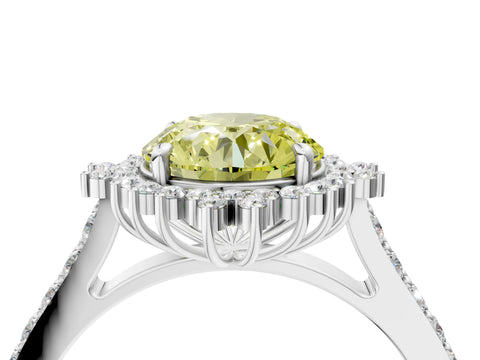 White gold Fancy Yellow Round Cut Cut Diamond Sunburst Halo Engagement Ring with Pavé Band_4