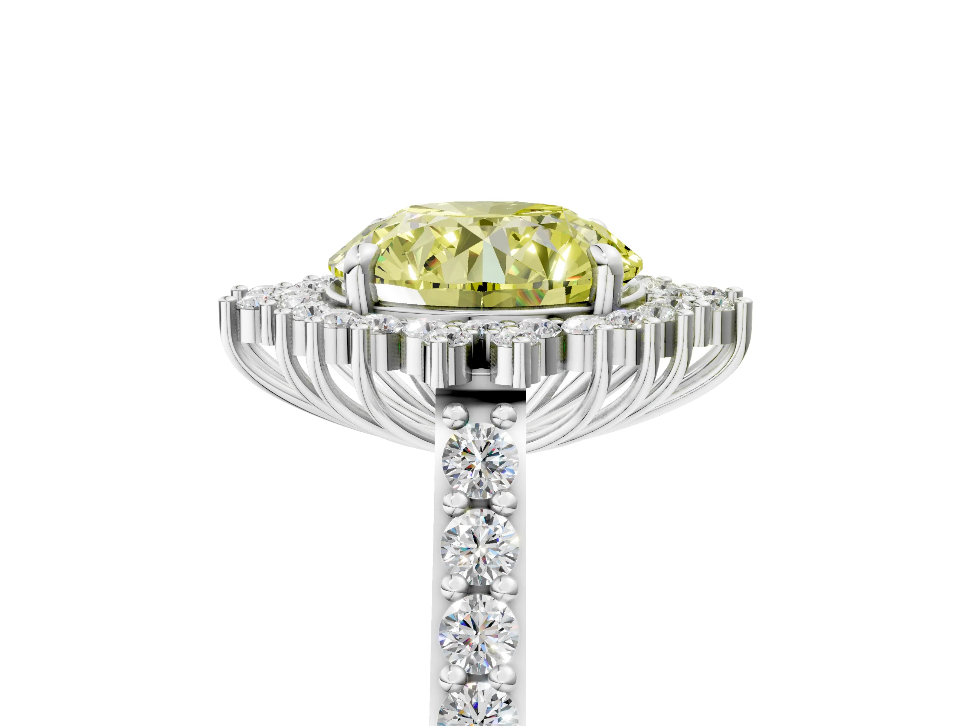 White gold Fancy Yellow Round Cut Cut Diamond Sunburst Halo Engagement Ring with Pavé Band_5