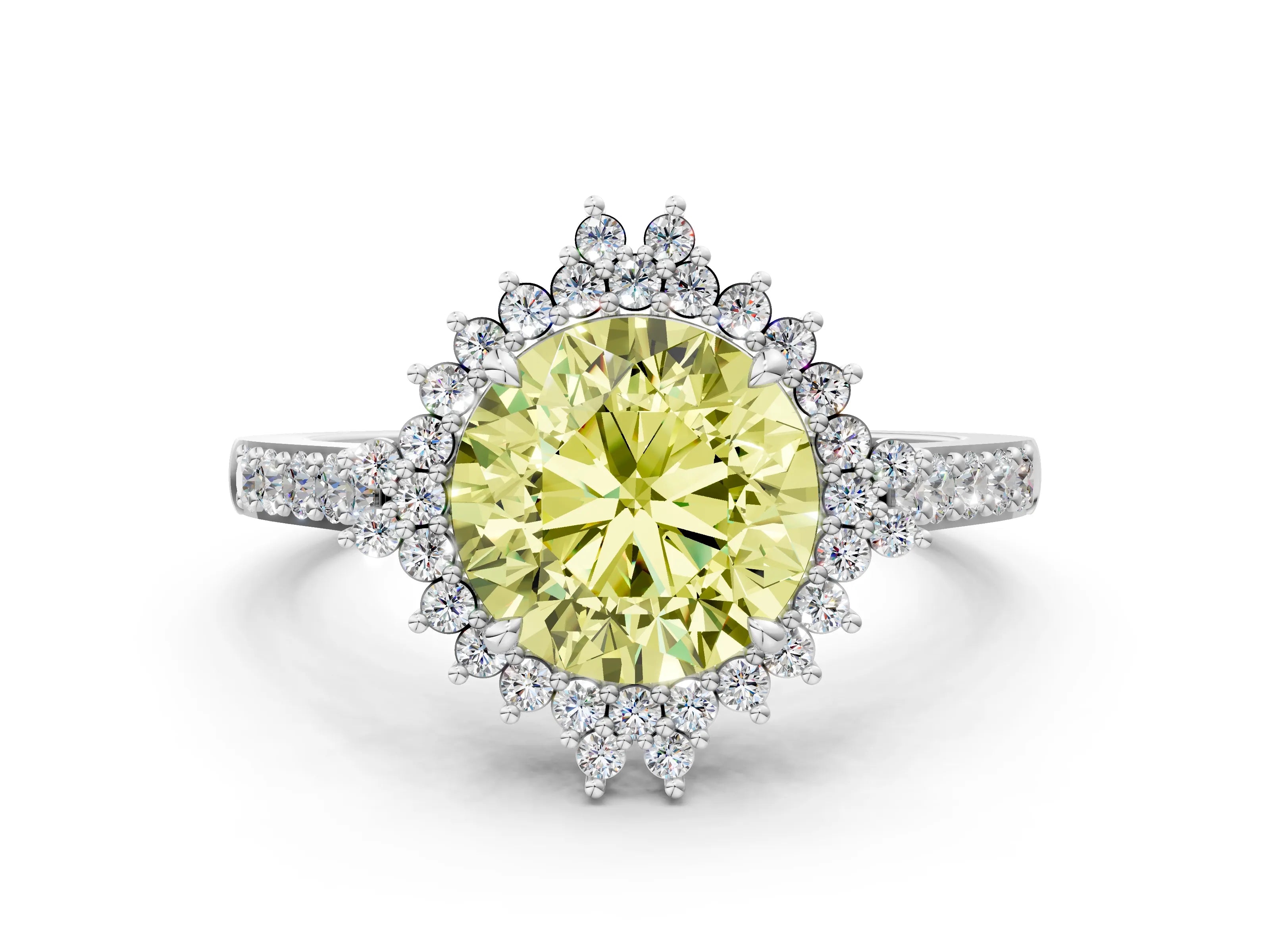 White gold Fancy Yellow Round Cut Cut Diamond Sunburst Halo Engagement Ring with Pavé Band