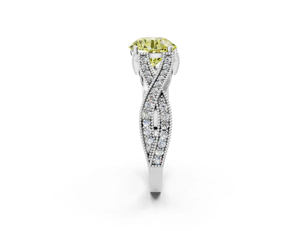 White gold Fancy Yellow Round Cut Cut Diamond Twisted Band with Milgrain Pave Setting and Four-Prong Setting