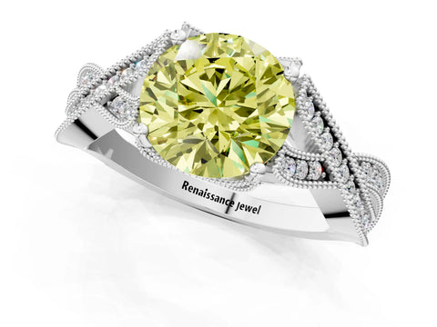 White gold Fancy Yellow Round Cut Cut Diamond Twisted Band with Milgrain Pave Setting and Four-Prong Setting_1