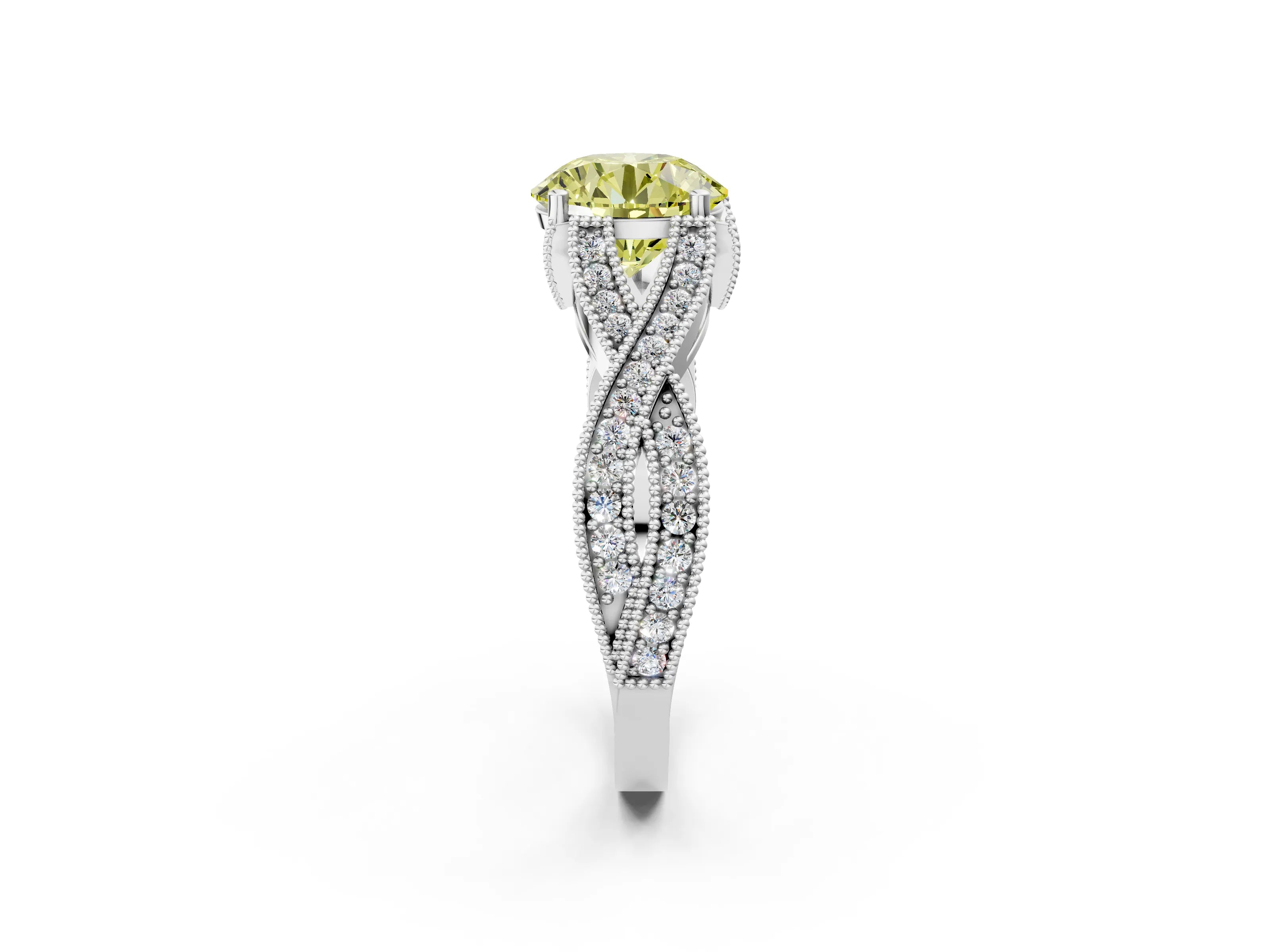 White gold Fancy Yellow Round Cut Cut Diamond Twisted Band with Milgrain Pave Setting and Four-Prong Setting_2