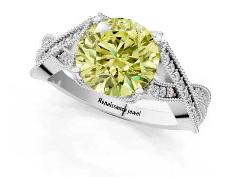 White gold Fancy Yellow Round Cut Cut Diamond Twisted Band with Milgrain Pave Setting and Four-Prong Setting_5