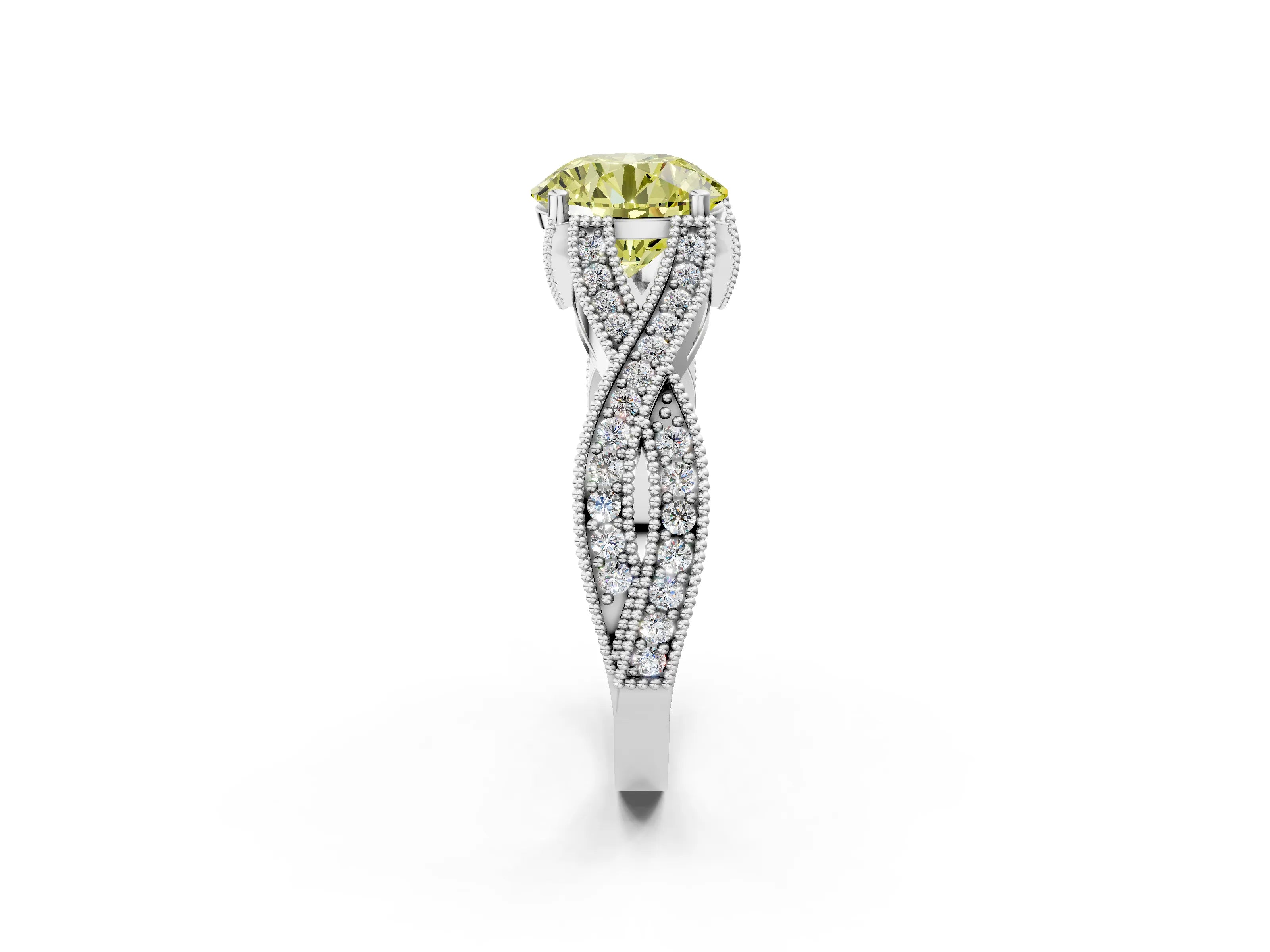 White gold Fancy Yellow Round Cut Cut Diamond Twisted Band with Milgrain Pave Setting and Four-Prong Setting_6