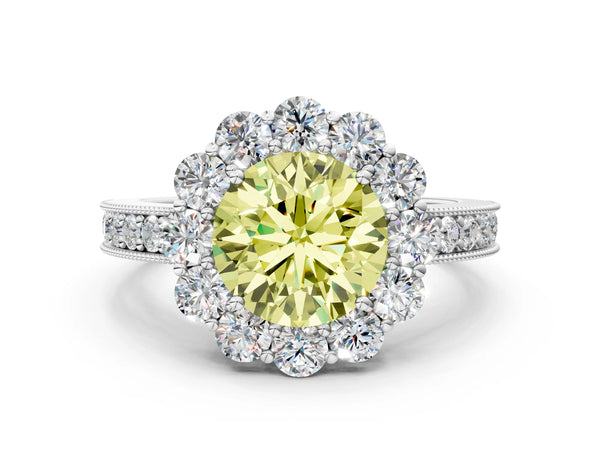 Platinum Fancy Yellow Round Cut Cut Halo Diamond Pavé Engagement Ring with Milgrain Detailing