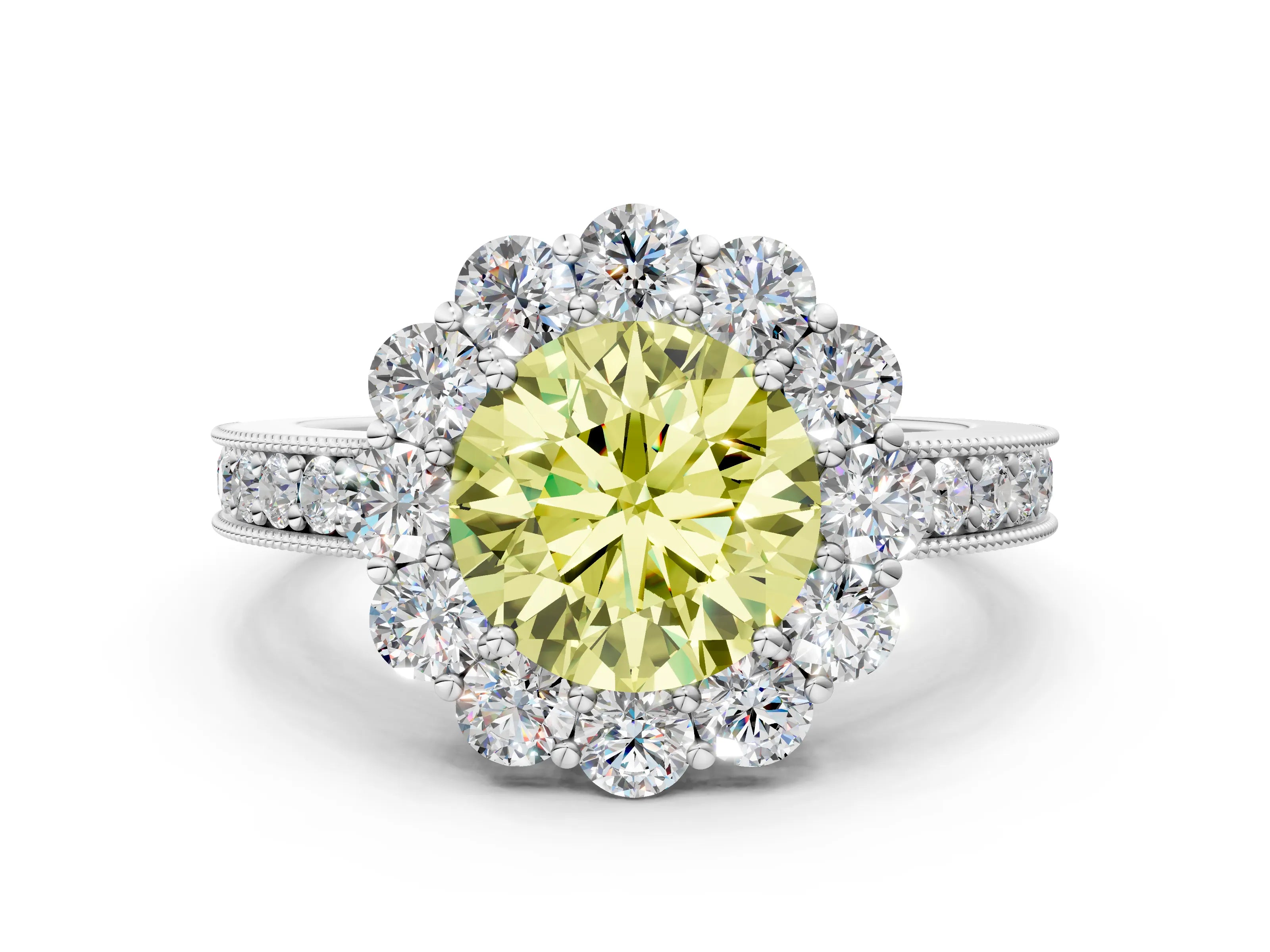 White gold Fancy Yellow Round Cut Cut Halo Diamond Pavé Engagement Ring with Milgrain Detailing_12