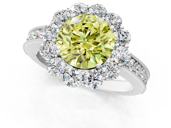 Platinum Fancy Yellow Round Cut Cut Halo Diamond Pavé Engagement Ring with Milgrain Detailing