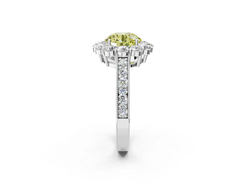 White gold Fancy Yellow Round Cut Cut Halo Diamond Pavé Engagement Ring with Milgrain Detailing_14