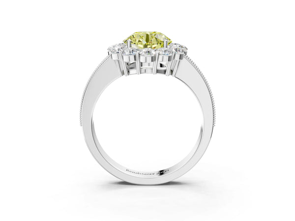 Platinum Fancy Yellow Round Cut Cut Halo Diamond Pavé Engagement Ring with Milgrain Detailing