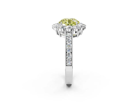 White gold Fancy Yellow Round Cut Cut Halo Diamond Pavé Engagement Ring with Milgrain Detailing_2