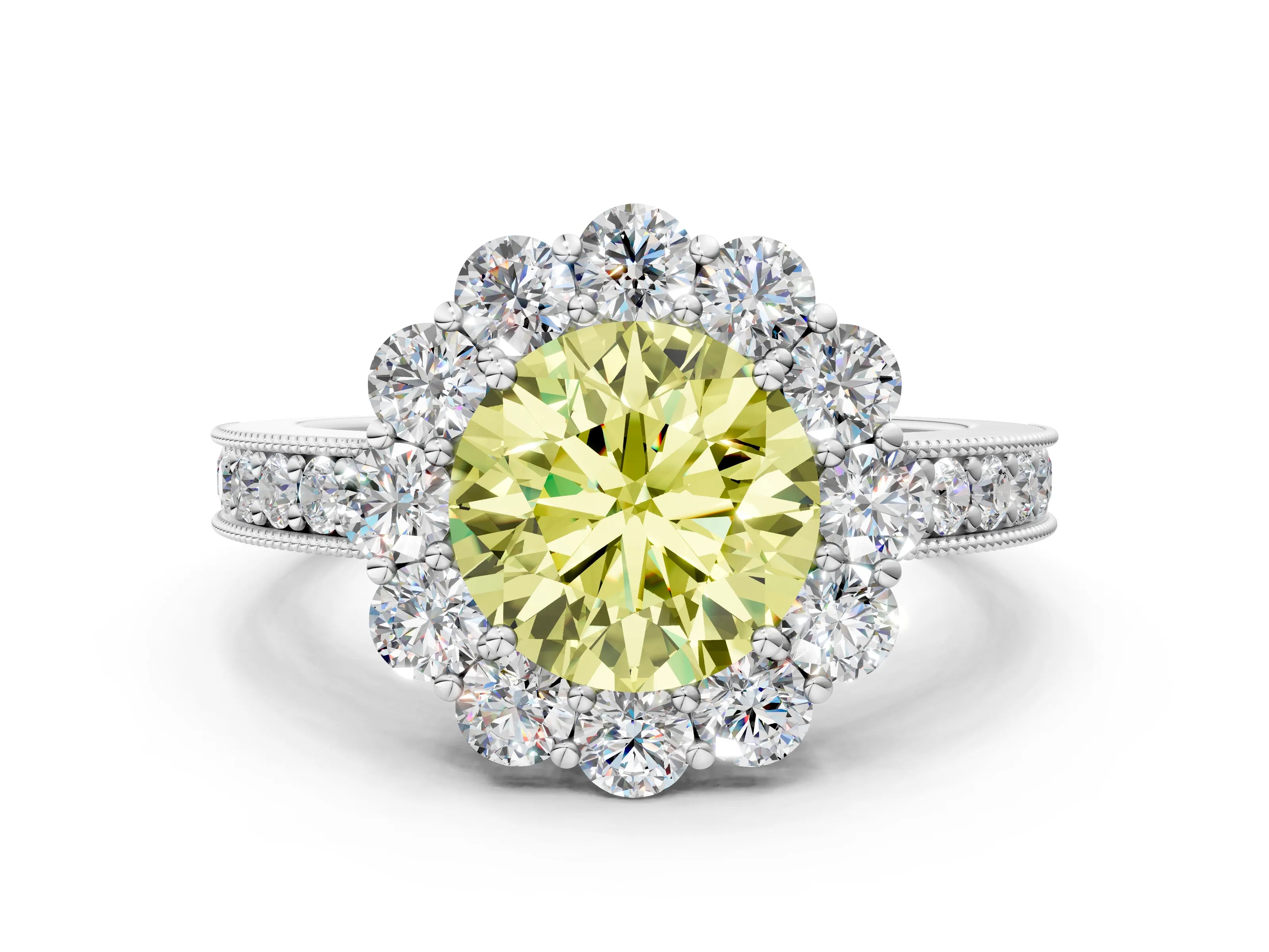 White gold Fancy Yellow Round Cut Cut Halo Diamond Pavé Engagement Ring with Milgrain Detailing