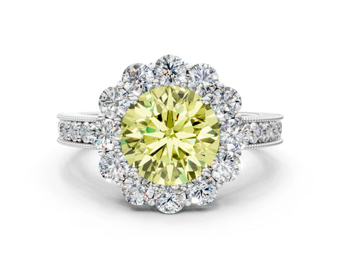 White gold Fancy Yellow Round Cut Cut Halo Diamond Pavé Engagement Ring with Milgrain Detailing