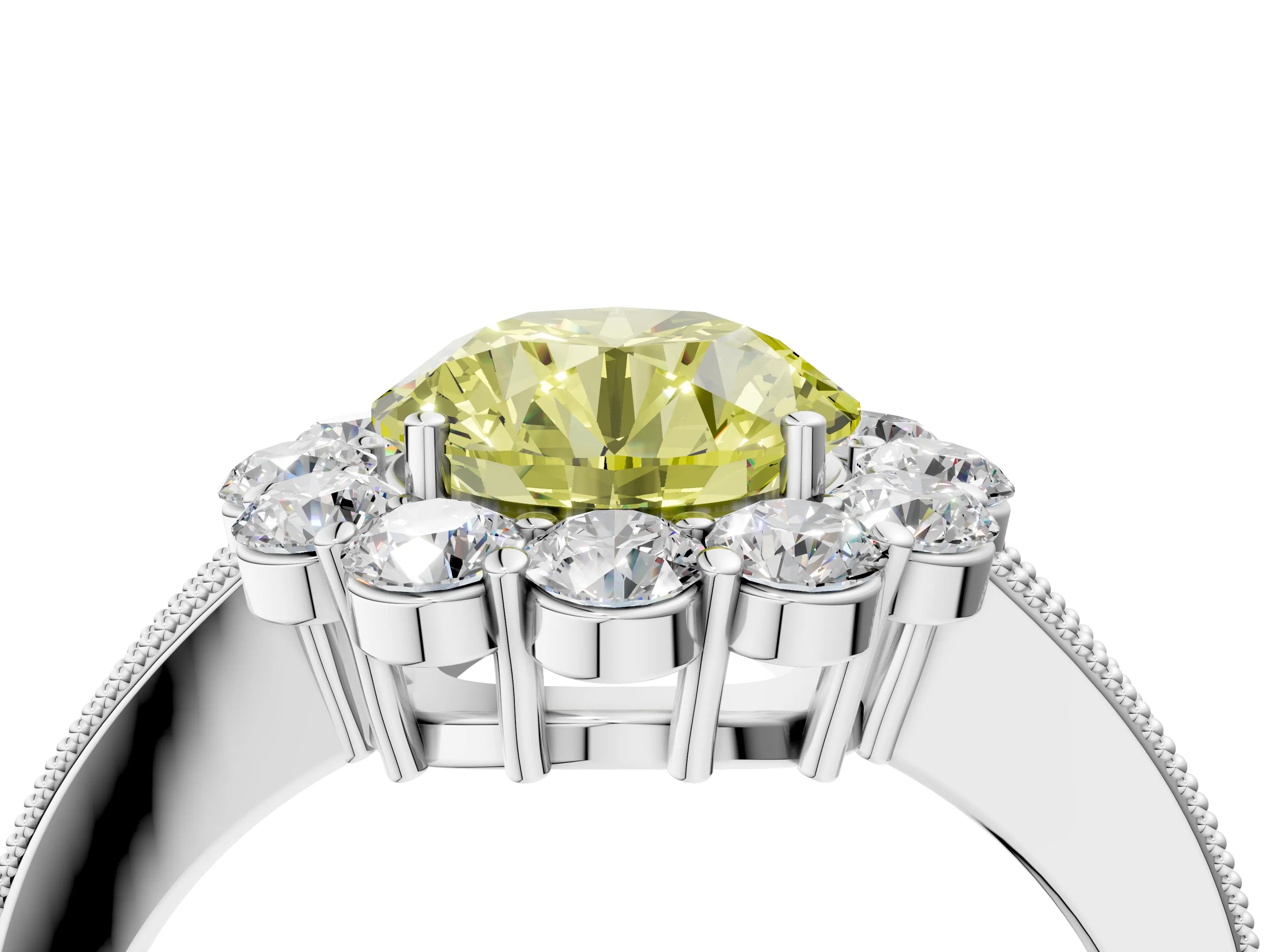 White gold Fancy Yellow Round Cut Cut Halo Diamond Pavé Engagement Ring with Milgrain Detailing_4