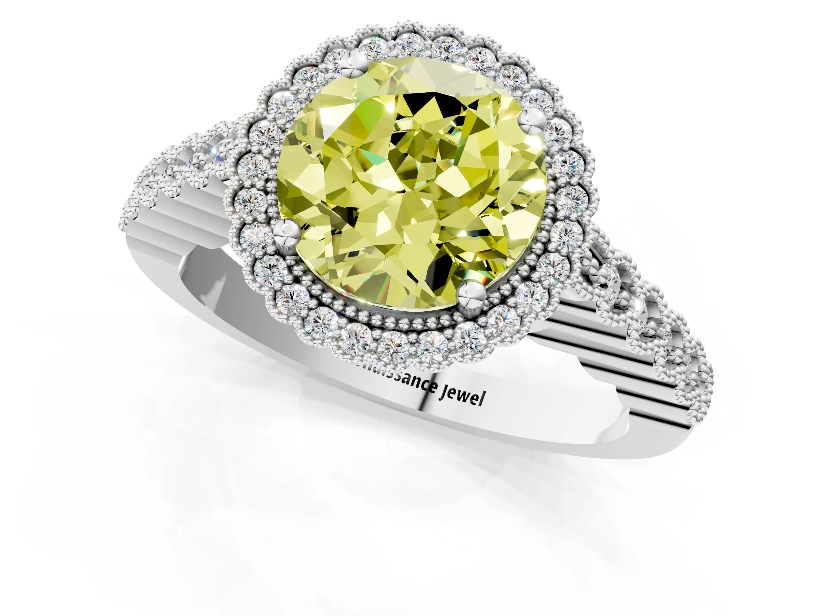 White gold Fancy Yellow Round Cut Cut Halo Pavé Solitaire Ring with Milgrain Band_1