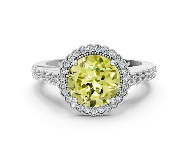 White gold Fancy Yellow Round Cut Cut Halo Pavé Solitaire Ring with Milgrain Band