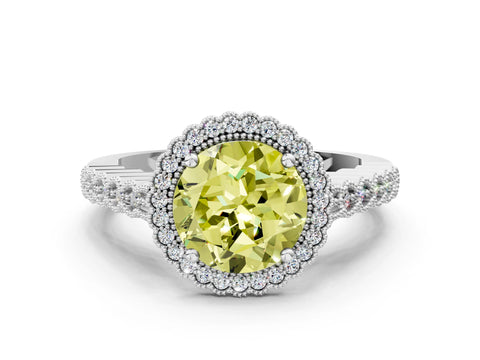 White gold Fancy Yellow Round Cut Cut Halo Pavé Solitaire Ring with Milgrain Band_12