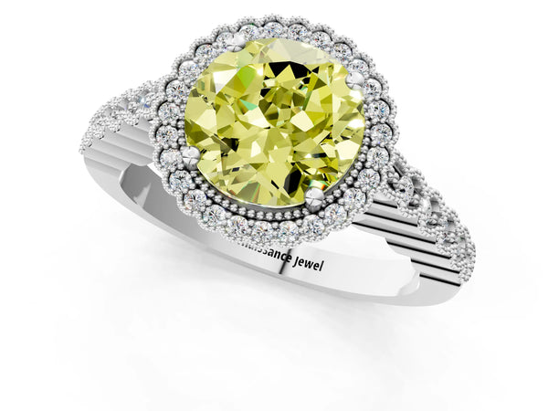 White gold Fancy Yellow Round Cut Cut Halo Pavé Solitaire Ring with Milgrain Band