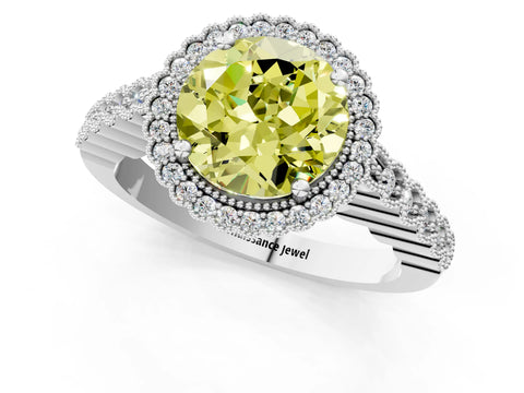 White gold Fancy Yellow Round Cut Cut Halo Pavé Solitaire Ring with Milgrain Band_13