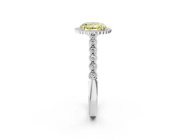 White gold Fancy Yellow Round Cut Cut Halo Pavé Solitaire Ring with Milgrain Band