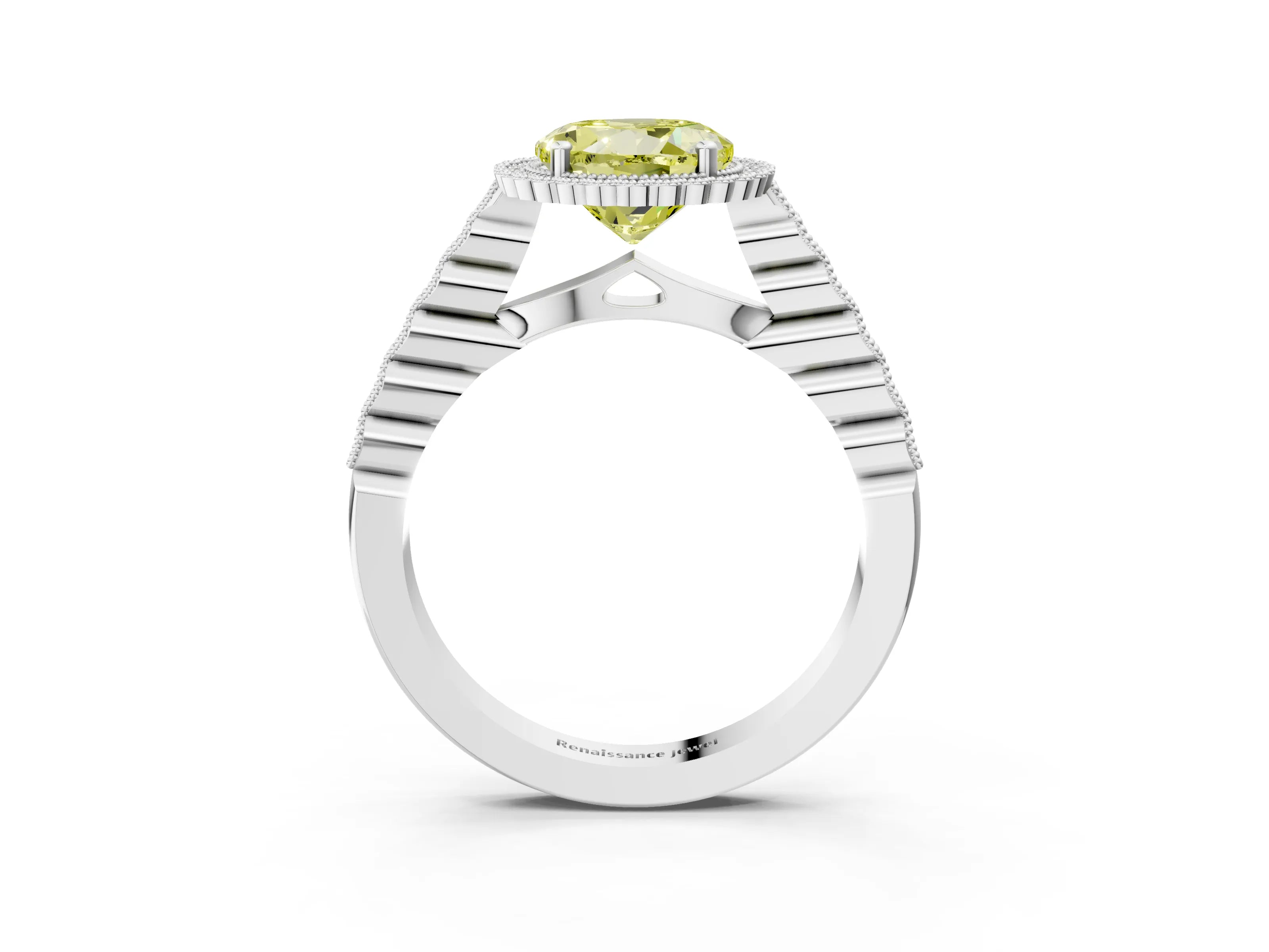 White gold Fancy Yellow Round Cut Cut Halo Pavé Solitaire Ring with Milgrain Band_15