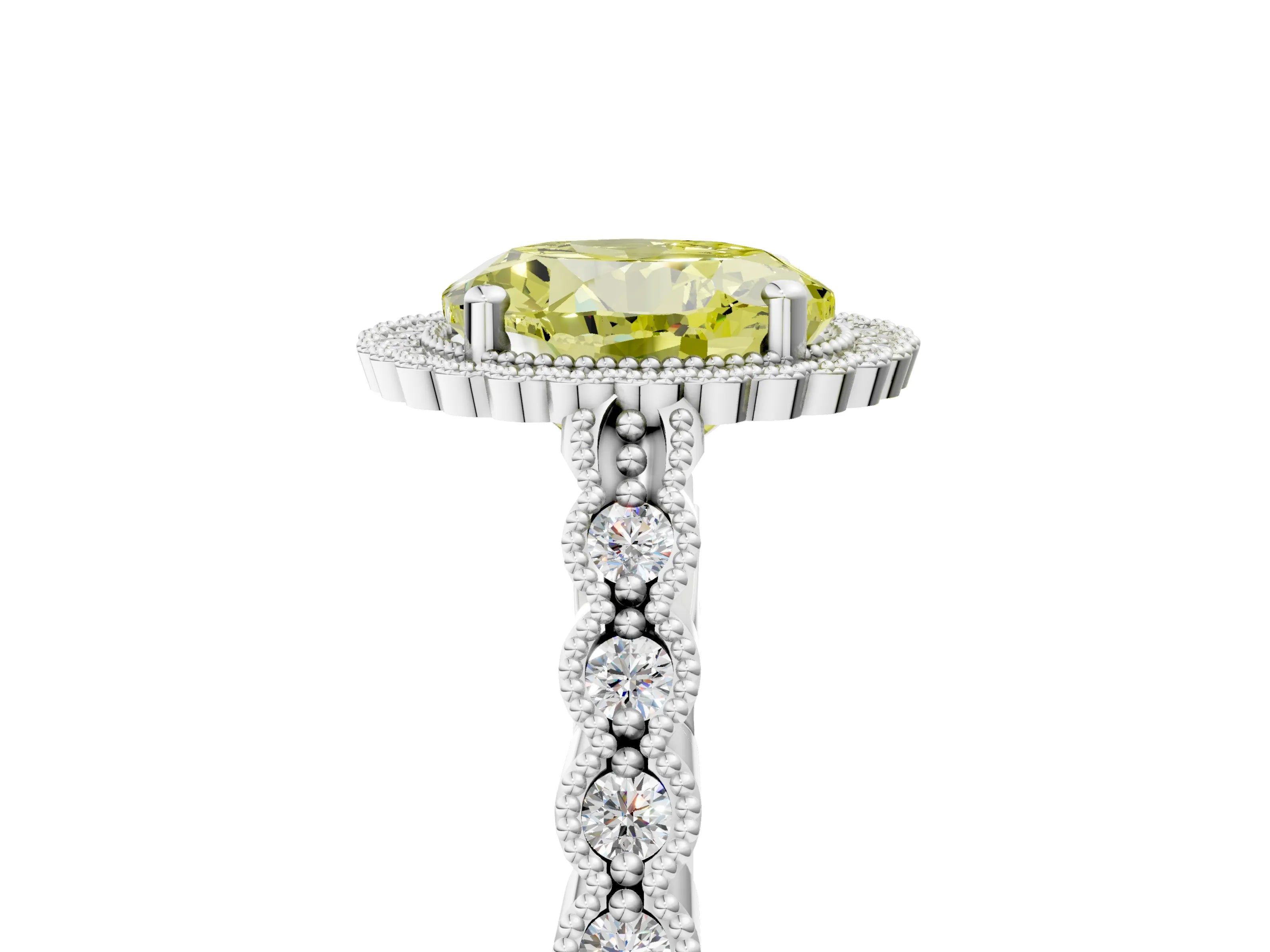 White gold Fancy Yellow Round Cut Cut Halo Pavé Solitaire Ring with Milgrain Band_17