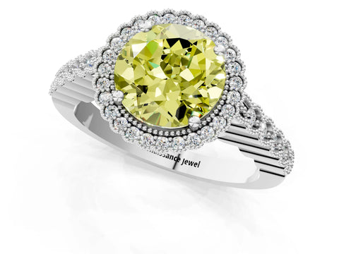 White gold Fancy Yellow Round Cut Cut Halo Pavé Solitaire Ring with Milgrain Band_1