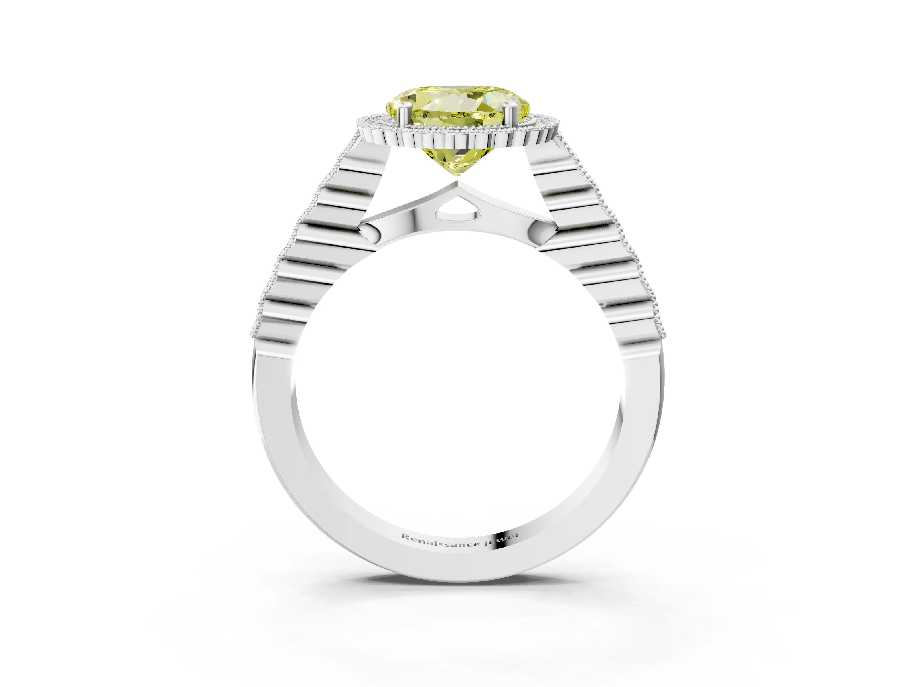 White gold Fancy Yellow Round Cut Cut Halo Pavé Solitaire Ring with Milgrain Band_3