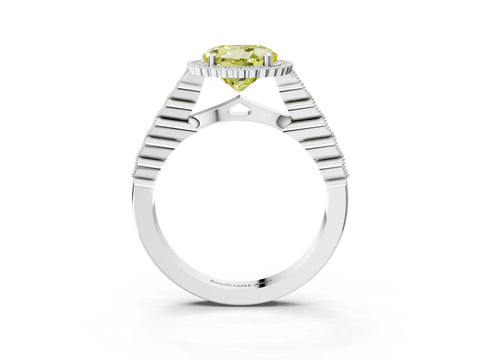 White gold Fancy Yellow Round Cut Cut Halo Pavé Solitaire Ring with Milgrain Band_3