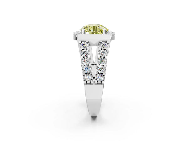 White Gold Round Halo Engagement Ring Setting for Fancy Yellow Center with Bar Shoulders