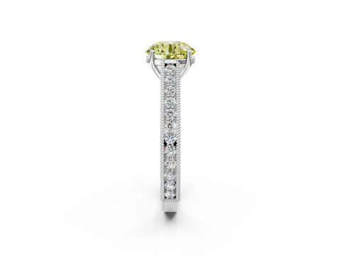 White gold Fancy Yellow Round Cut Cut Pave Band Milgrain Solitaire Ring_10