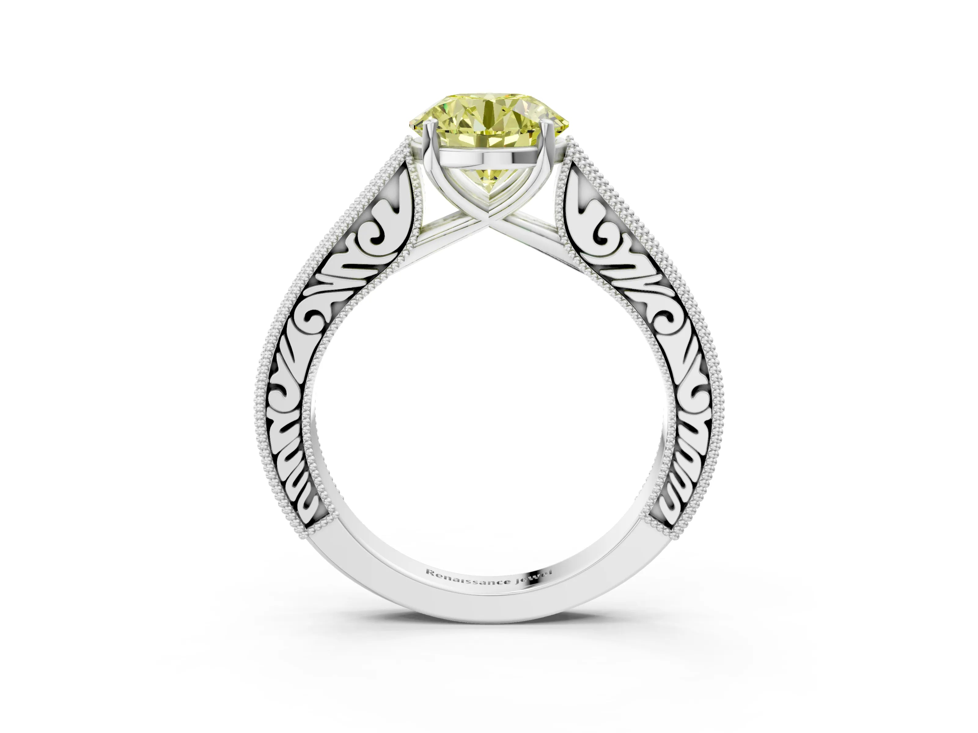 White gold Fancy Yellow Round Cut Cut Pave Band Milgrain Solitaire Ring_11