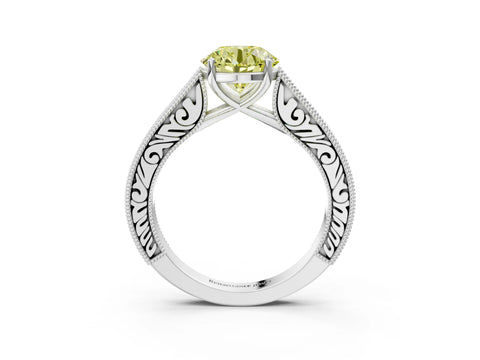White gold Fancy Yellow Round Cut Cut Pave Band Milgrain Solitaire Ring_11