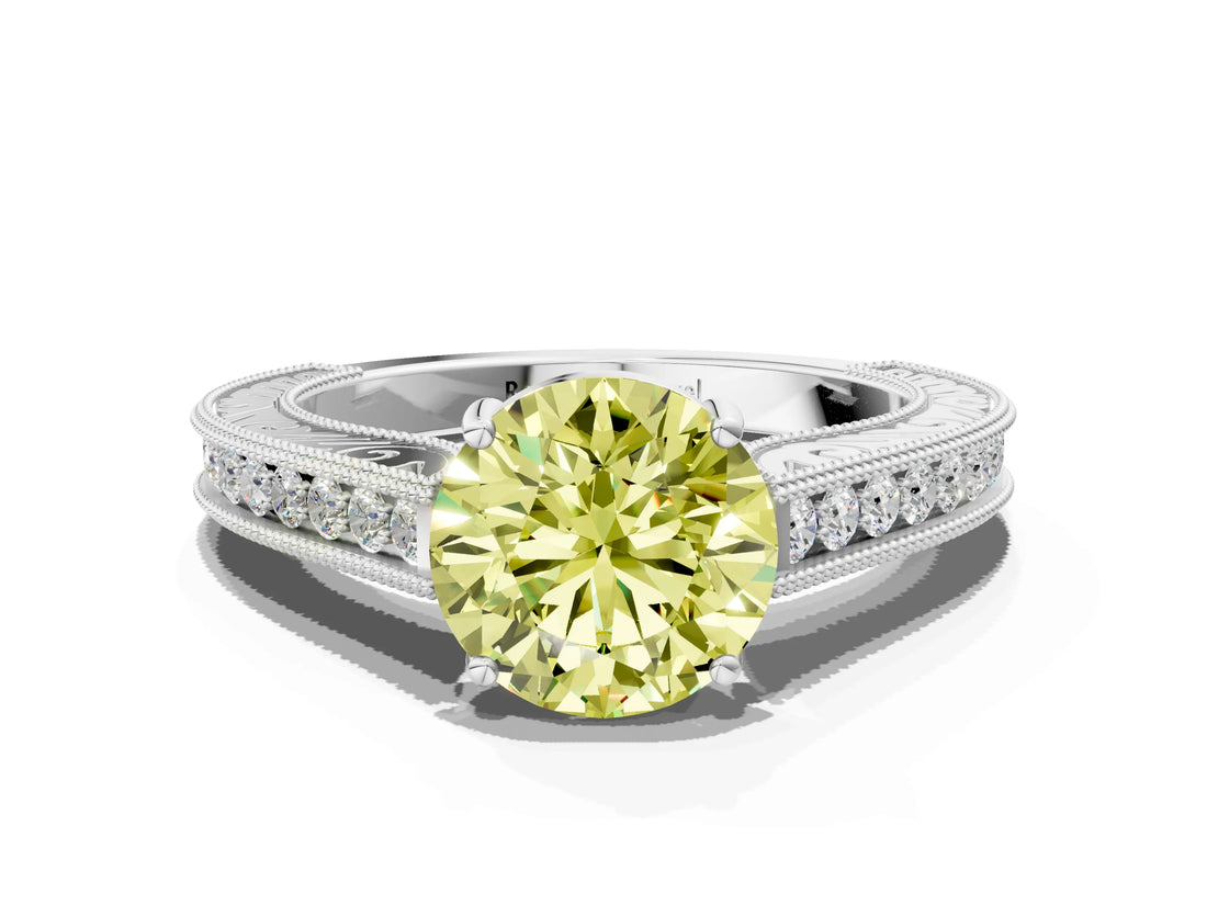 White gold Fancy Yellow Round Cut Cut Pave Band Milgrain Solitaire Ring_18
