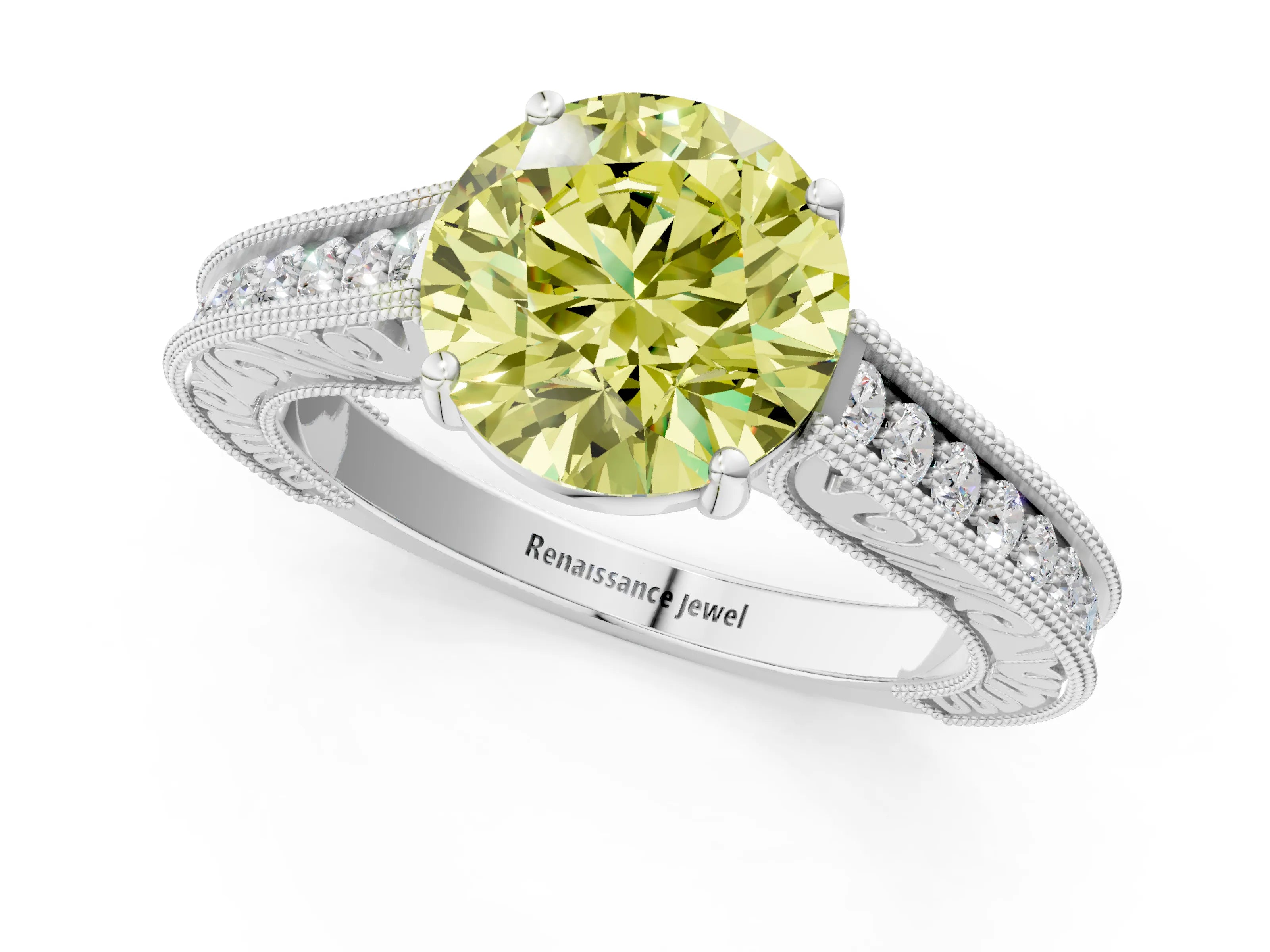 White gold Fancy Yellow Round Cut Cut Pave Band Milgrain Solitaire Ring_19