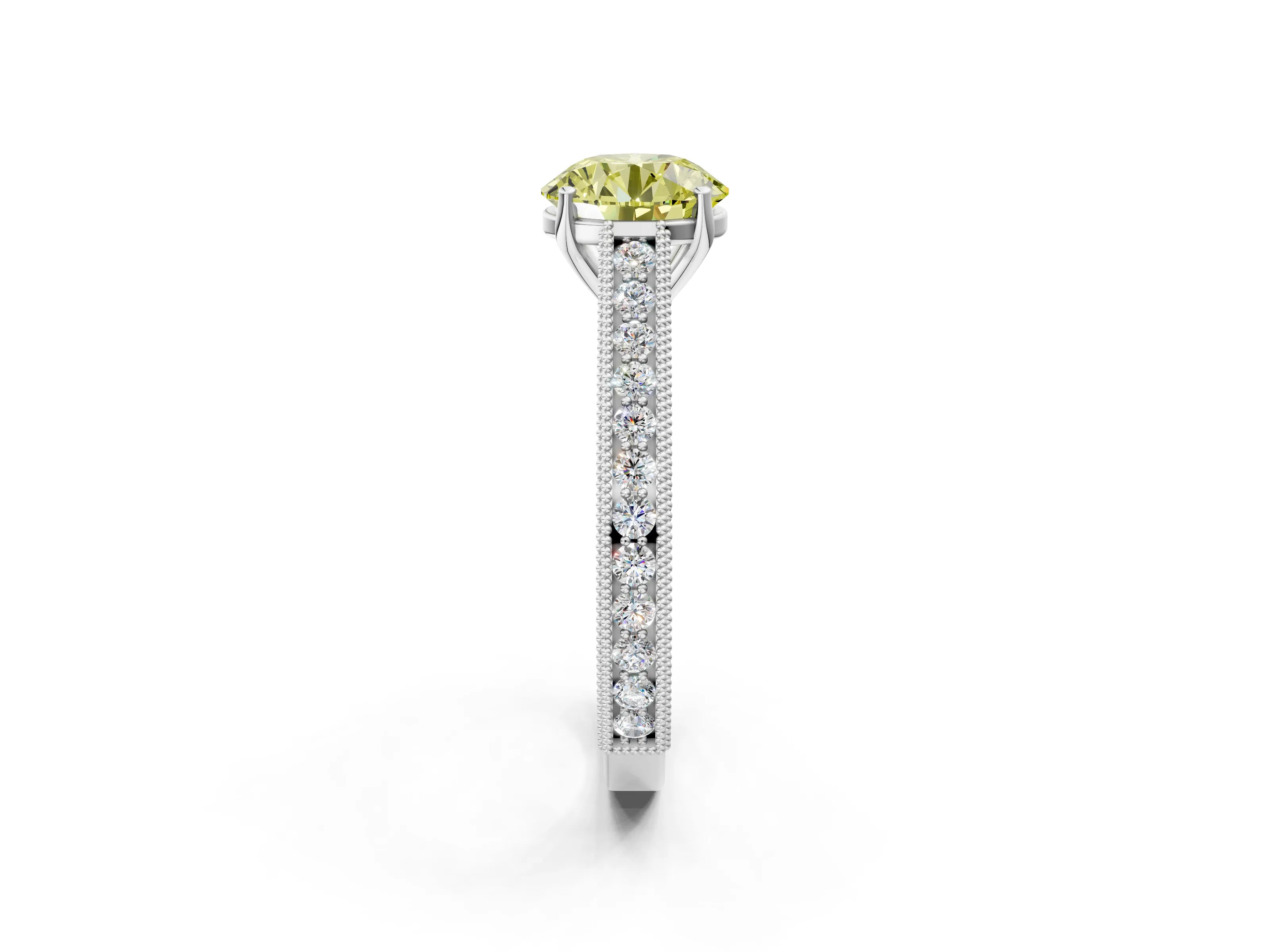 White gold Fancy Yellow Round Cut Cut Pave Band Milgrain Solitaire Ring_20