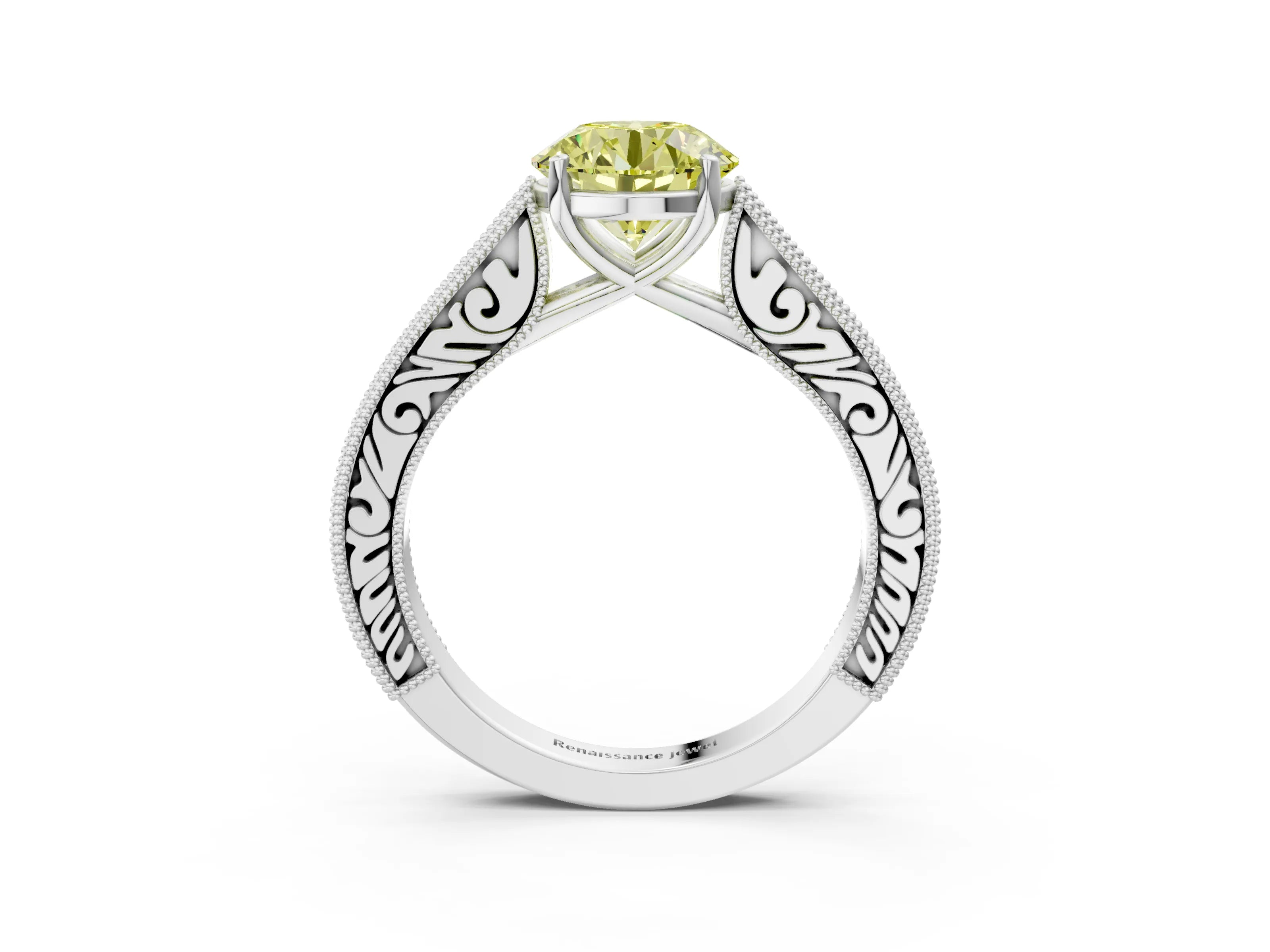 White gold Fancy Yellow Round Cut Cut Pave Band Milgrain Solitaire Ring_21