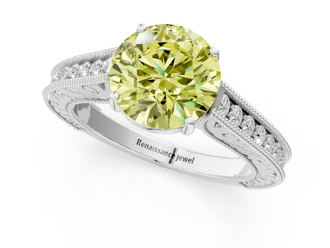 White gold Fancy Yellow Round Cut Cut Pave Band Milgrain Solitaire Ring_23