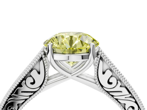 White gold Fancy Yellow Round Cut Cut Pave Band Milgrain Solitaire Ring_26