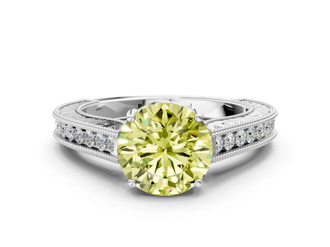 White gold Fancy Yellow Round Cut Cut Pave Band Milgrain Solitaire Ring_8