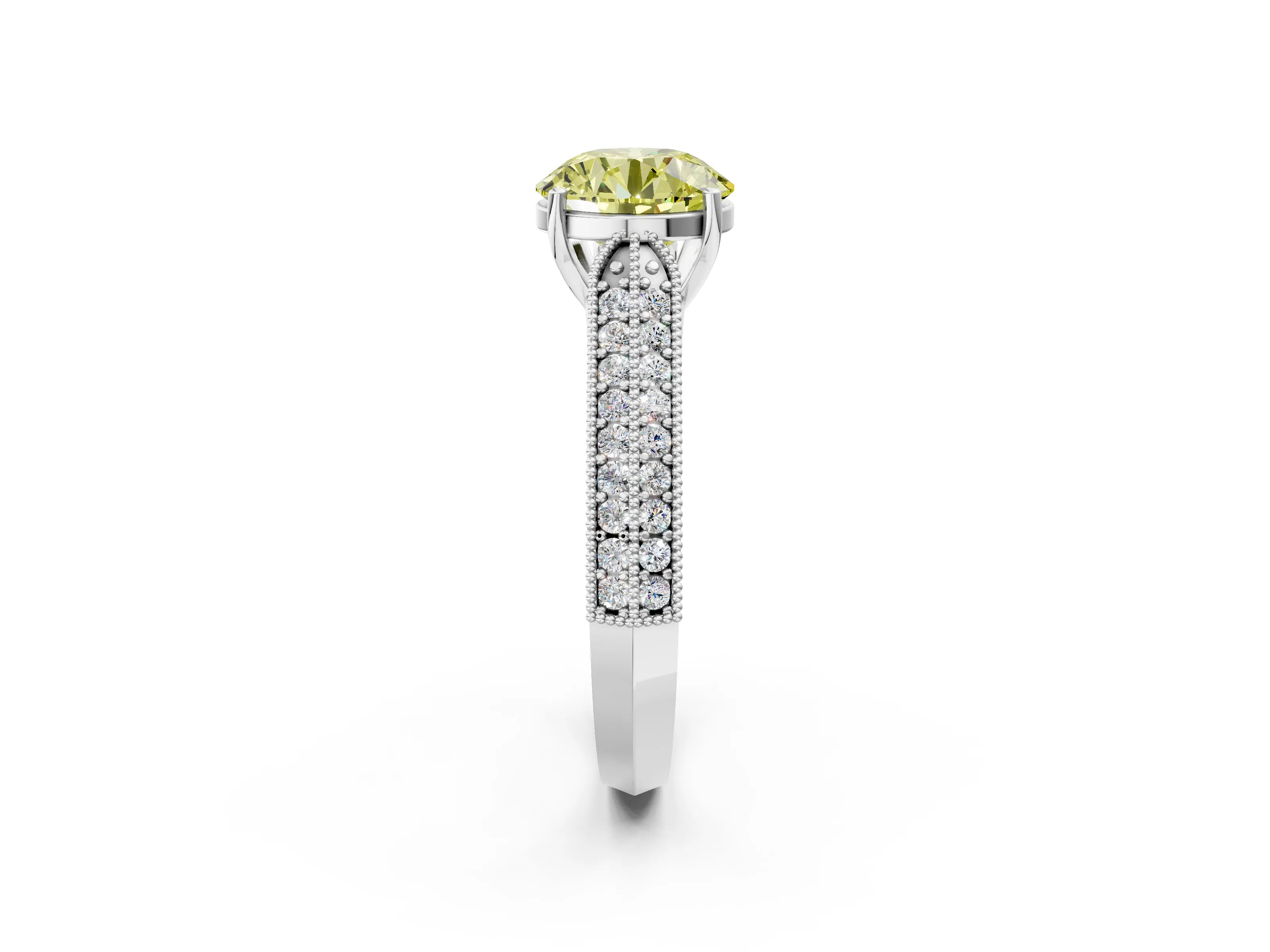 White gold Fancy Yellow Round Cut Cut Pave Split Shank Engagement Ring with Four-Prong Setting_2