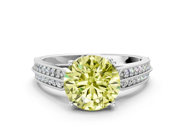 Platinum Fancy Yellow Round Cut Cut Pave Split Shank Engagement Ring with Four-Prong Setting