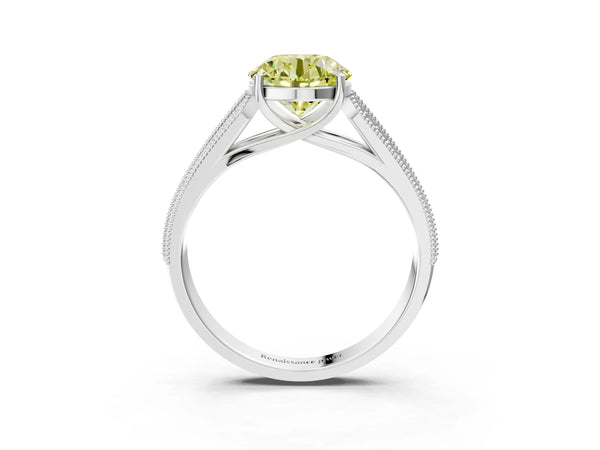 Platinum Fancy Yellow Round Cut Cut Pave Split Shank Engagement Ring with Four-Prong Setting