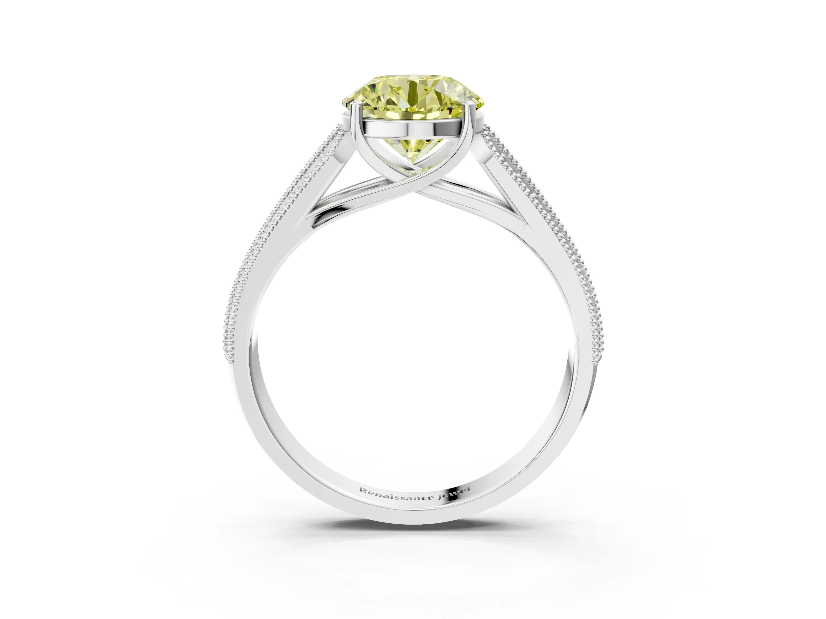 White gold Fancy Yellow Round Cut Cut Pave Split Shank Engagement Ring with Four-Prong Setting_3