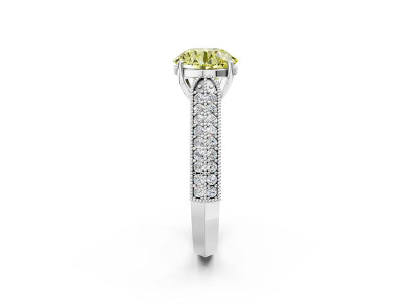 Platinum Fancy Yellow Round Cut Cut Pave Split Shank Engagement Ring with Four-Prong Setting