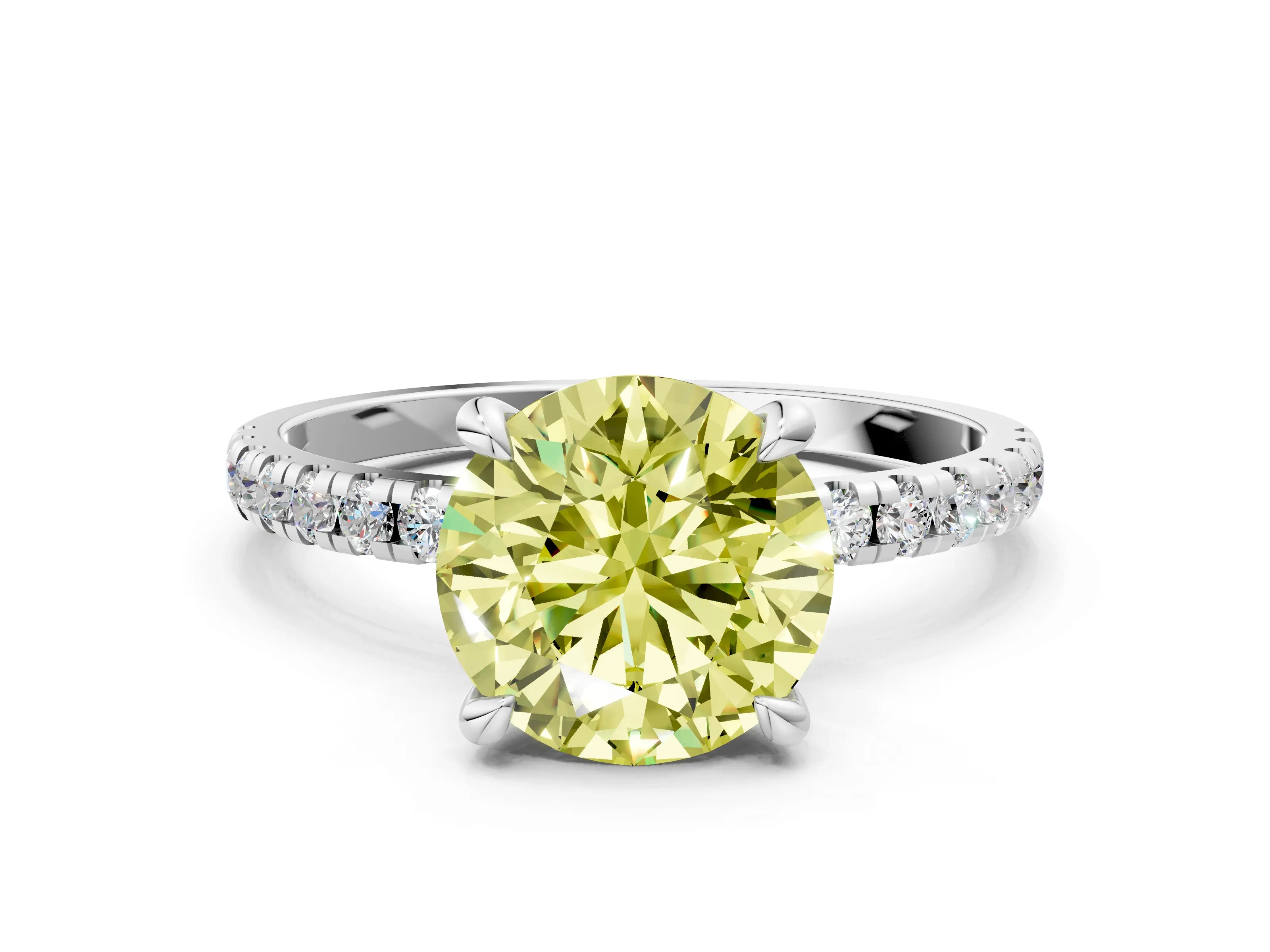 White gold Fancy Yellow Round Cut Diamond Brilliant Solitaire Ring with Pavé Band and Four-Prong Setting