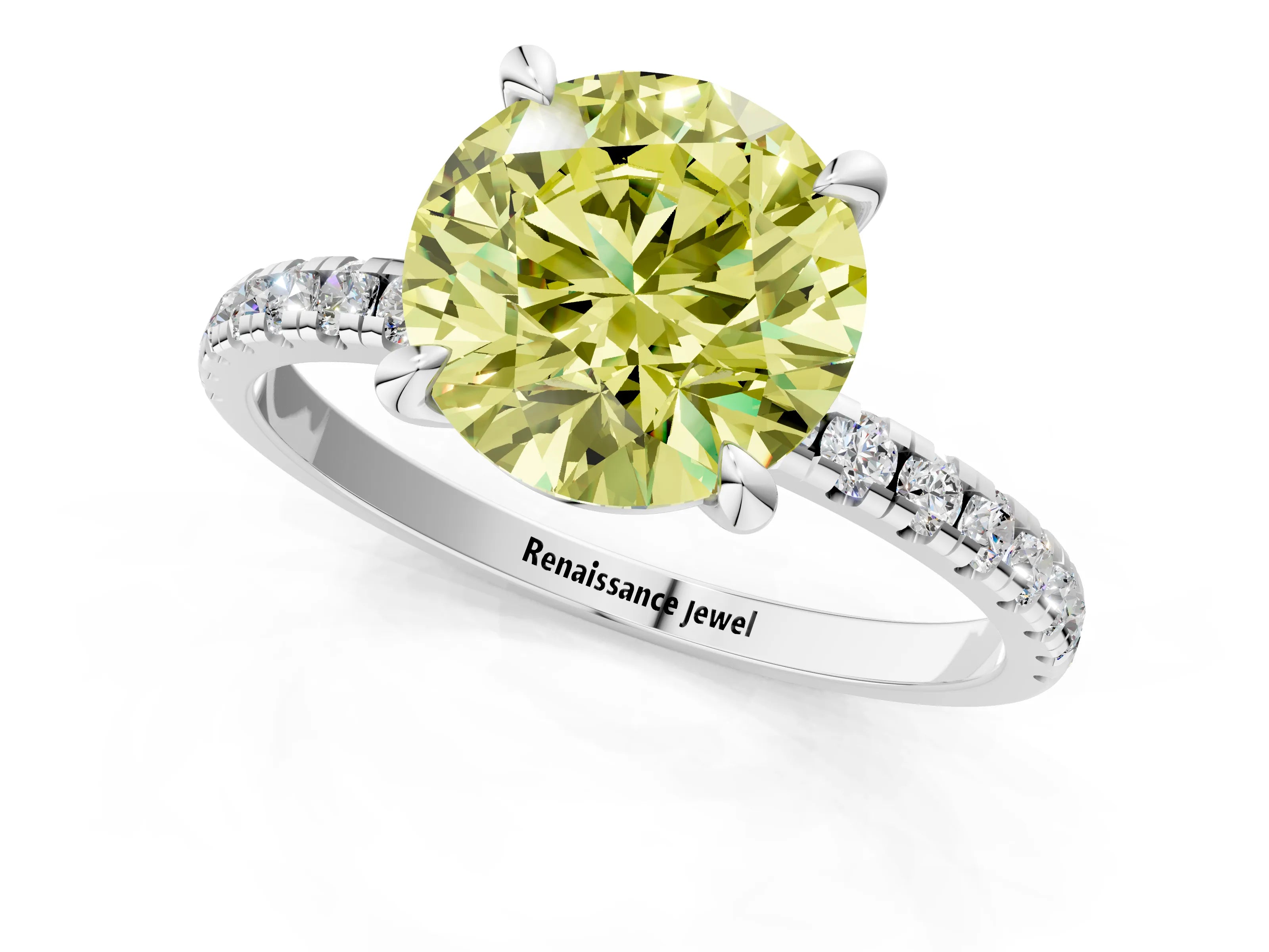 White gold Fancy Yellow Round Cut Diamond Brilliant Solitaire Ring with Pavé Band and Four-Prong Setting_1
