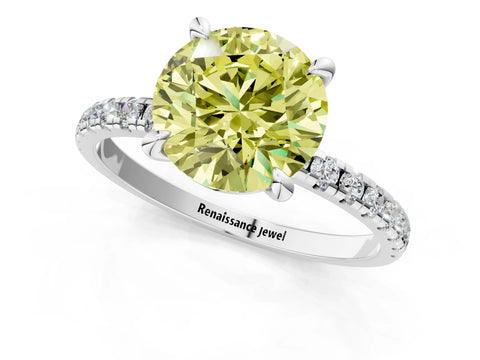White gold Fancy Yellow Round Cut Diamond Brilliant Solitaire Ring with Pavé Band and Four-Prong Setting_1